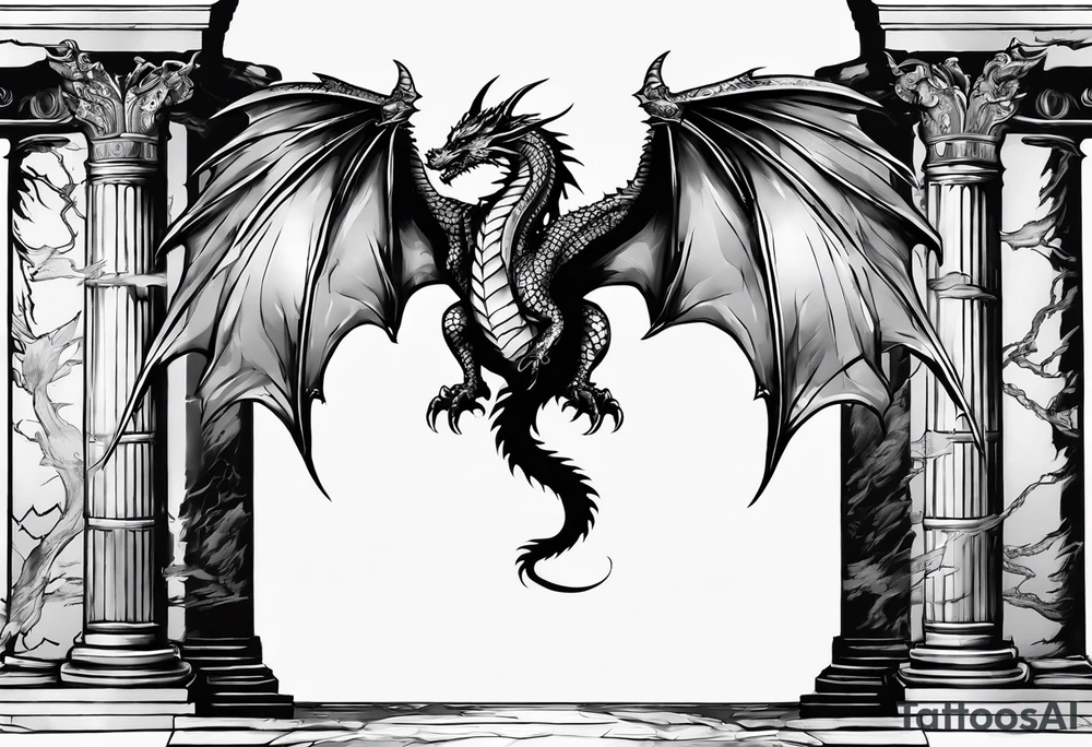 Small Dragon after a war, standing on two broken roman columns showing us his back tattoo idea