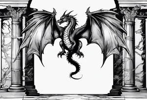 Small Dragon after a war, standing on two broken roman columns showing us his back tattoo idea