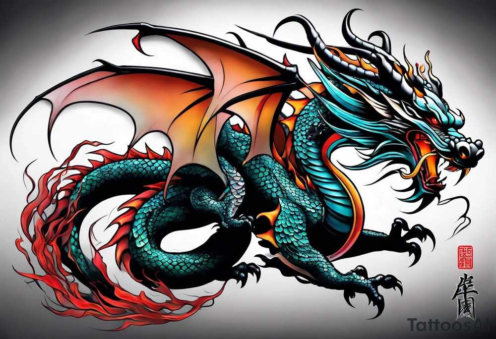 An epic floating asian dragon. Its long body coiling dynamically, with scales and horns detailed to create a sense of movement and strength. The dragon's color is giving a vibrant depth and a mystical aura. This tattoo highlights the dragon’s fierce expression and sharp claws. tattoo idea