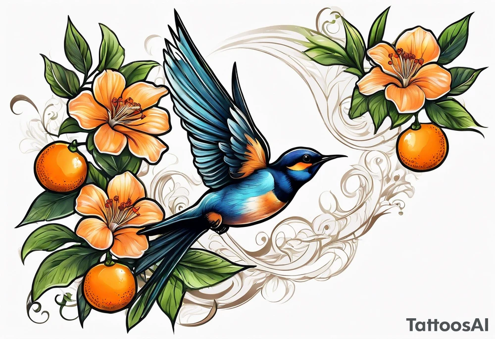 swallow lifting off from an orange blossom branch tattoo idea