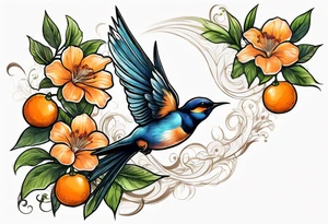 swallow lifting off from an orange blossom branch tattoo idea