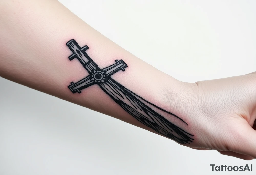 a wooden 12kv pole. Make the pole a cross that has a hidden resemblance to god. tattoo idea