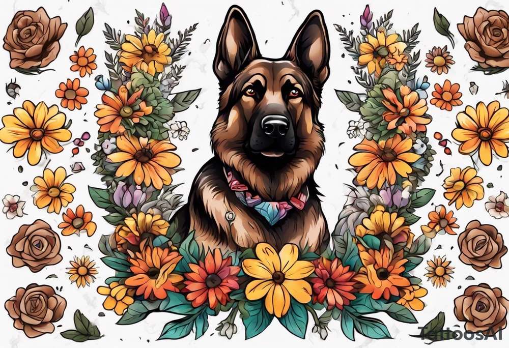 Dark Brown German shepherd portrait surrounded by  colorful daisies tattoo idea