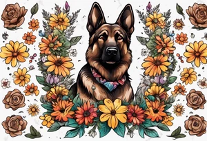 Dark Brown German shepherd portrait surrounded by  colorful daisies tattoo idea