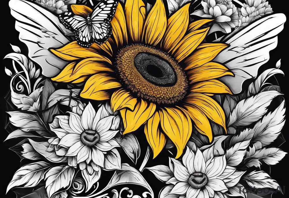 Arm sleeve with Winged cross with sunflower and butterflies tattoo idea
