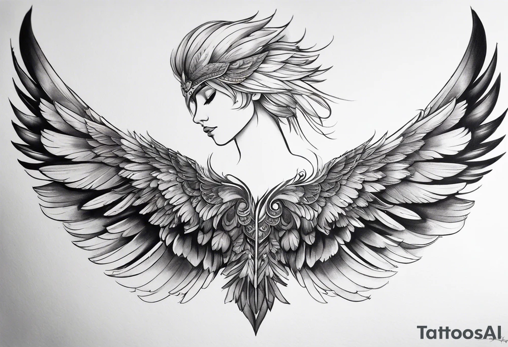 wings extending from the shoulders, covering the upper arms and upper back. The feathers are intricately detailed, with soft shading in black and gray to create depth and texture. The wings gently converge in the middle of the back, forming a harmonious and cohesive design. tattoo idea