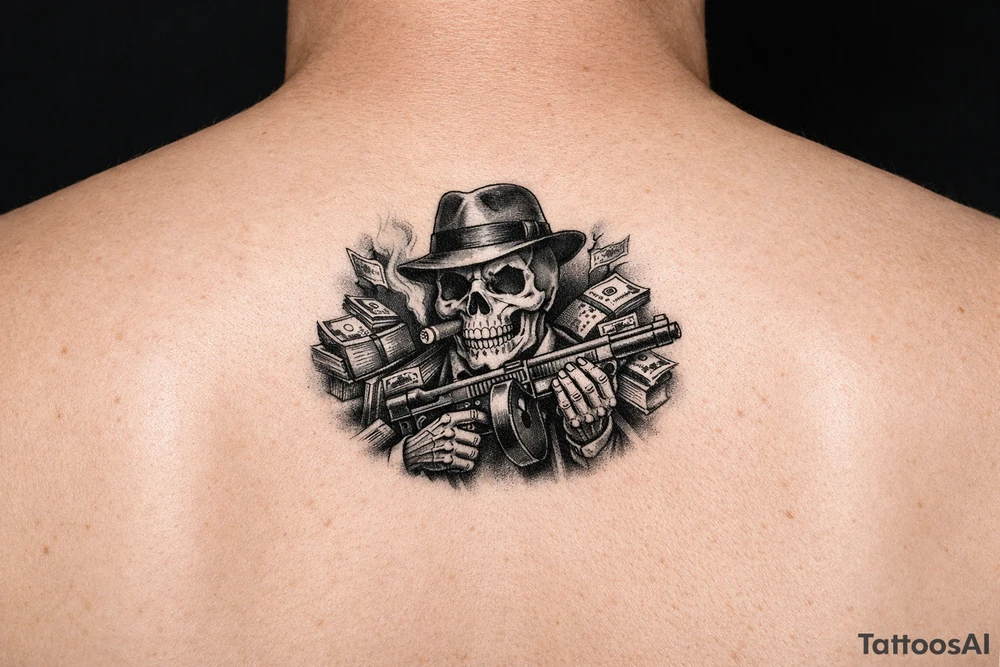 skull with cigar in his mouth,mafia-hat,machine-gun in his hands,surrounded by money. tattoo idea