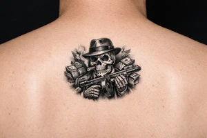 skull with cigar in his mouth,mafia-hat,machine-gun in his hands,surrounded by money. tattoo idea