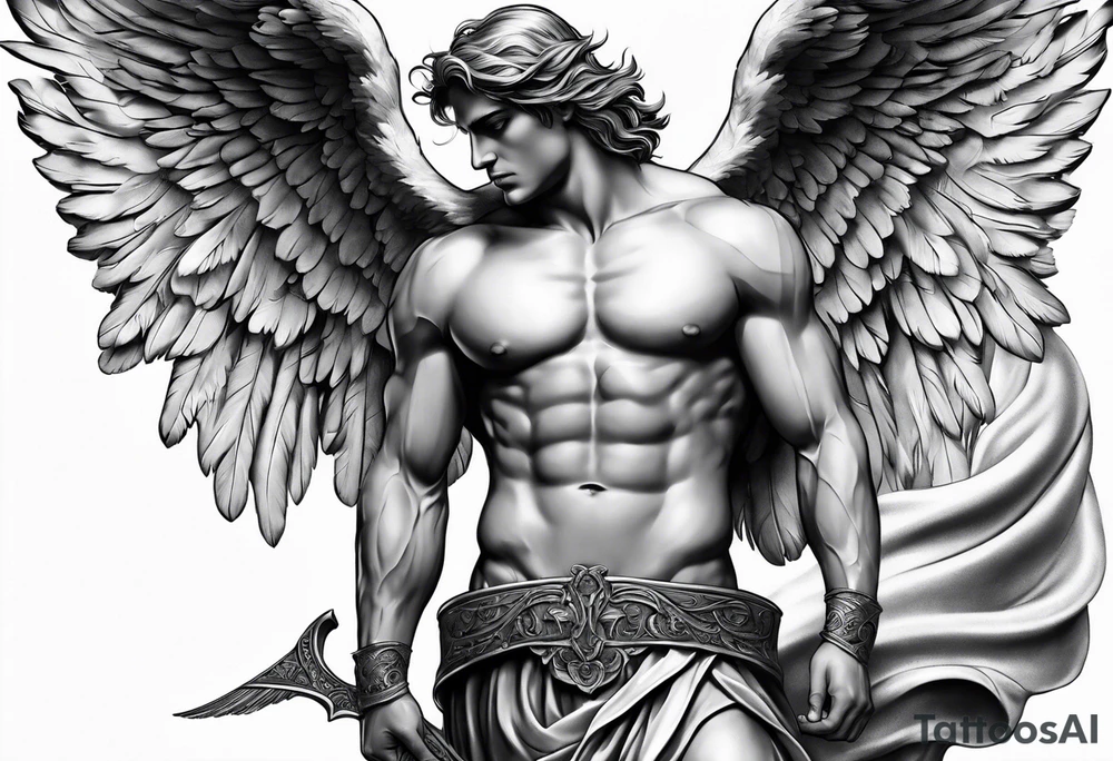 male muscular greece fallen angel tattoo idea