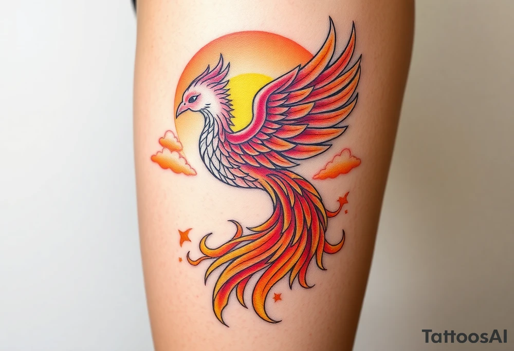 magnificent phoenix rising from flames with trailing embers pinks golds orange and yellows with a golden sunset and sky with puffy clouds and heaven backdrop tattoo idea