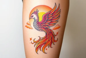 magnificent phoenix rising from flames with trailing embers pinks golds orange and yellows with a golden sunset and sky with puffy clouds and heaven backdrop tattoo idea