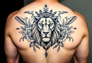 powerful majestic lion with a crown, surrounded by floral ornaments and birds tattoo idea
