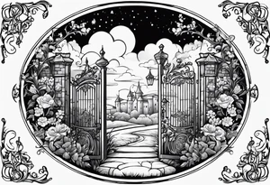 night medieval town garden open gate entrance 
 in circle vignette surrounded by clouds floral tattoo idea