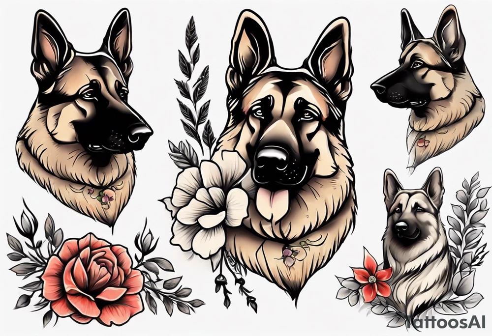 Sable German shepherd portrait with flowers tattoo idea