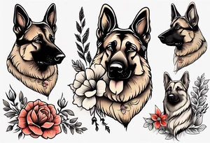 Sable German shepherd portrait with flowers tattoo idea