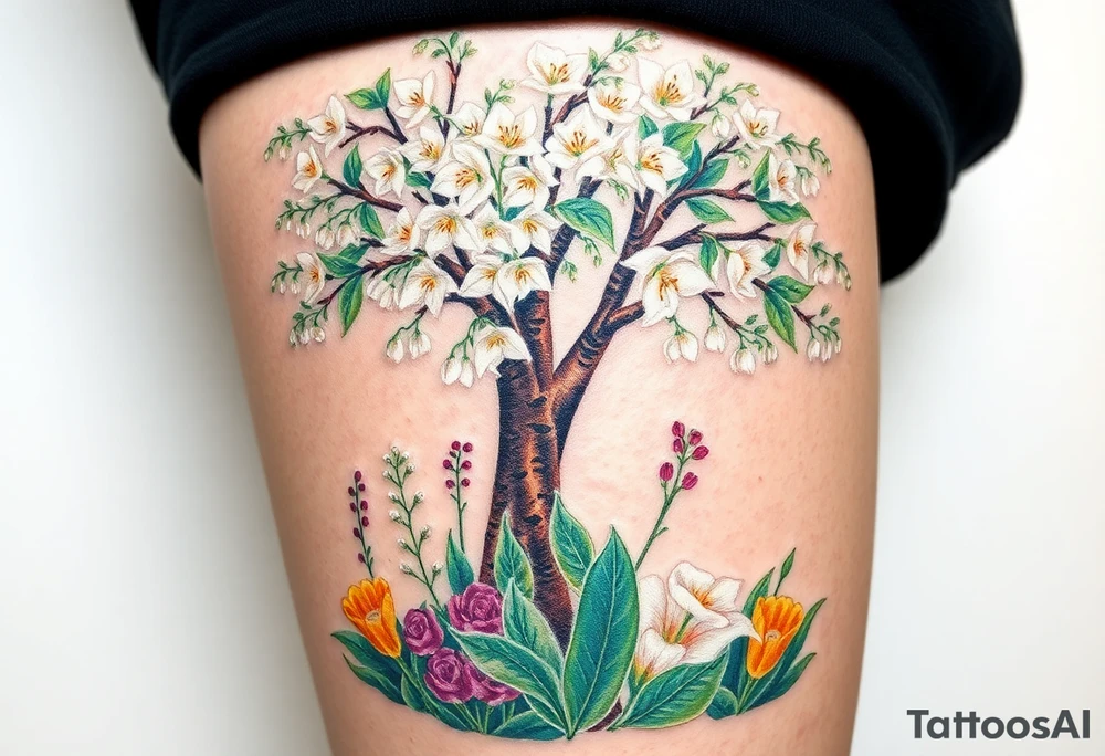 Lilly of the vally plants underneath a blooming hawthorn tree with other colorful lilly plants on ground tattoo idea