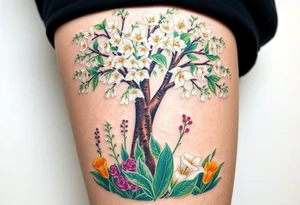 Lilly of the vally plants underneath a blooming hawthorn tree with other colorful lilly plants on ground tattoo idea