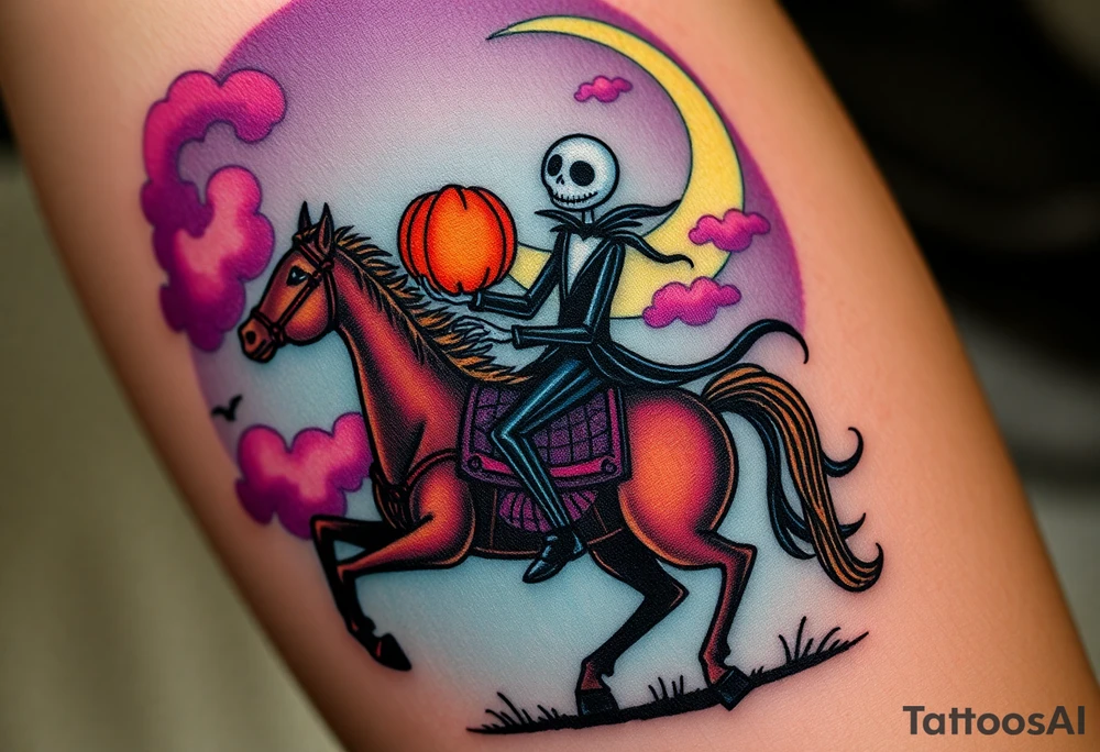 Tim Burton’s headless horseman is riding in the night he holds his pumpkin head in hand as his horse bucks upwards and dripping with muted reds, dusty pinks, and eerie green glow.purple and cyan smokey clouds swirl in the crescent moonlit sky thats sprinkled with stars tattoo idea tattoo idea