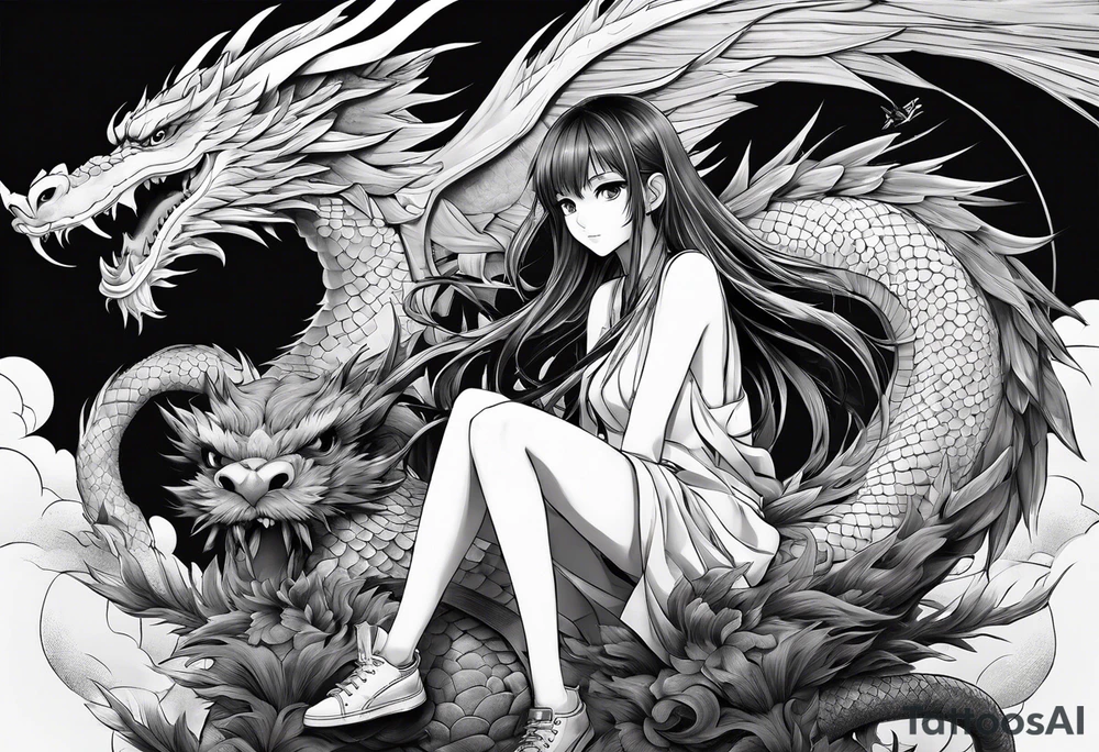 a full shot of an anime girl seen from far, sitting on a ball and surrounded by asian dragon with wings tattoo idea