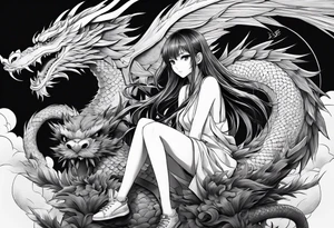 a full shot of an anime girl seen from far, sitting on a ball and surrounded by asian dragon with wings tattoo idea