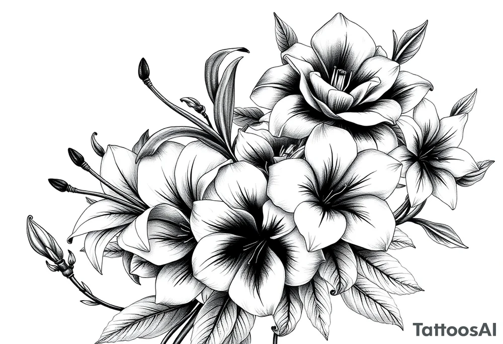 Calia Lily rose gadiolus carnation Narcissus flower sleeve on upper arm and shoulder tattoo idea