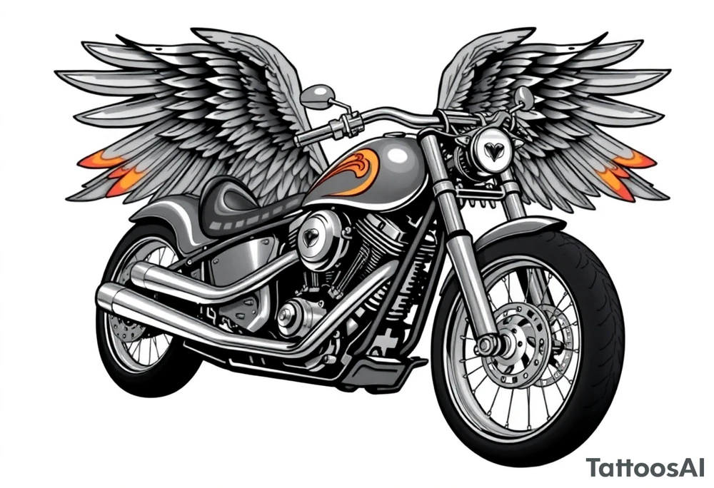 Low rider grey motorcycle, big muffler pipes with flames, angel wings, driving away, no person tattoo idea