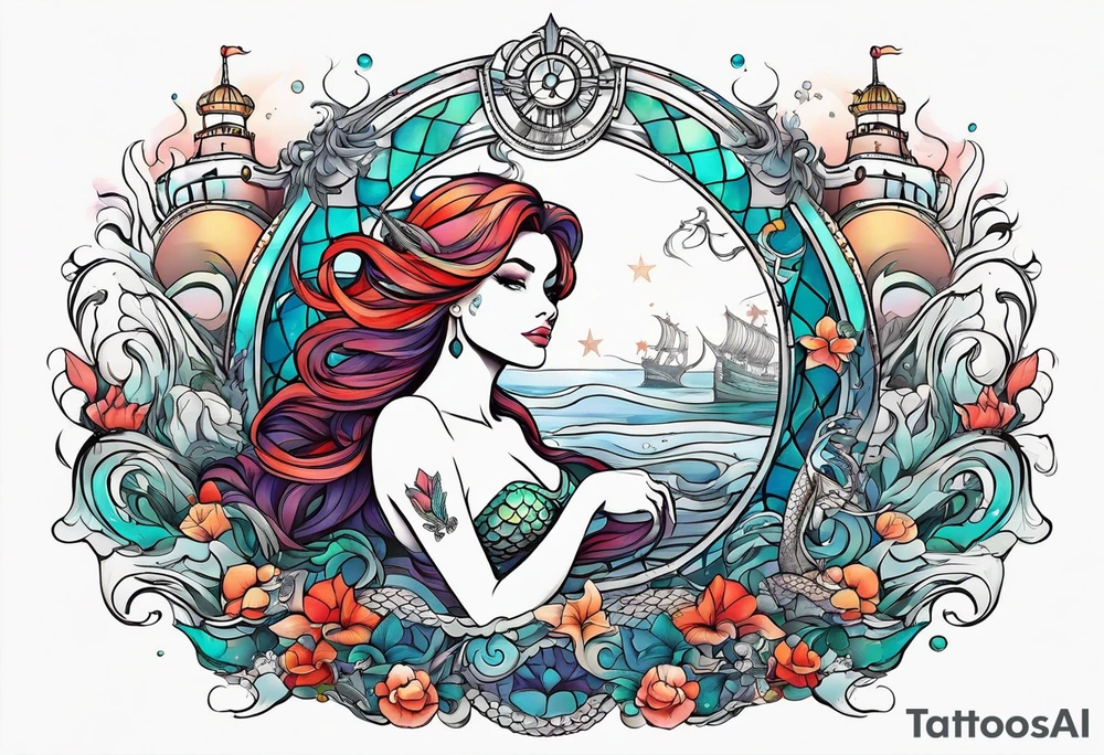 mermaid with galleon ship tattoo idea