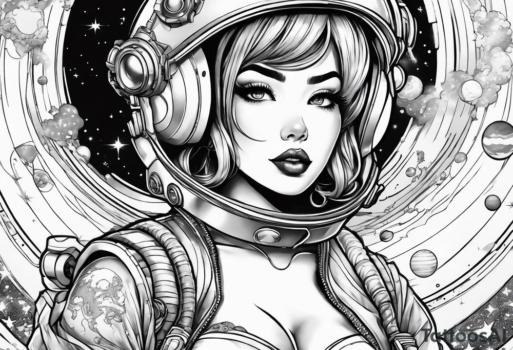 Pinup woman in space tattoo idea