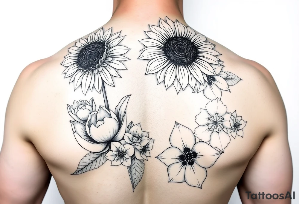Sunflower, peony, cherry blossom, lotus, hydrangeas tattoo idea