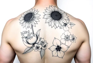 Sunflower, peony, cherry blossom, lotus, hydrangeas tattoo idea