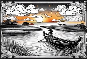 vietnamese lady on boat rice fields water sunset home clouds lanterns tattoo idea