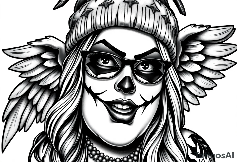 Chicana BBL fat sexy chunky plus size beautiful long hair clown makeup angel wings thug beanie eyeglasses tattoo idea