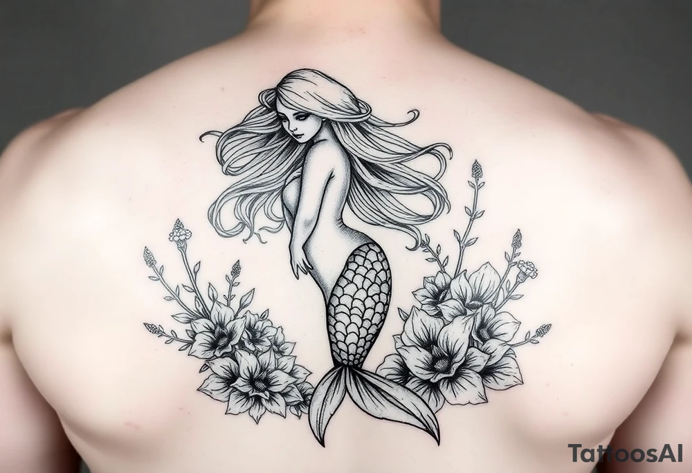 ethereal mermaid with flowing hair among coral and sea flowers tattoo idea