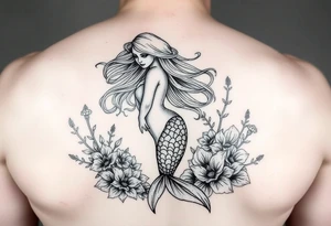 ethereal mermaid with flowing hair among coral and sea flowers tattoo idea