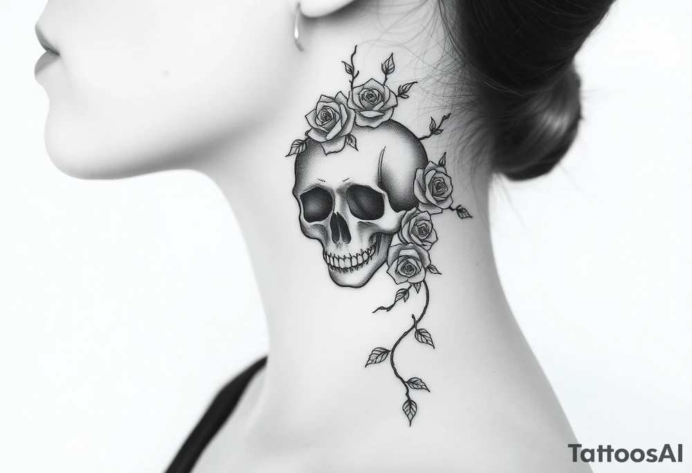 gothic skull intertwined with climbing roses and thorny vines tattoo idea