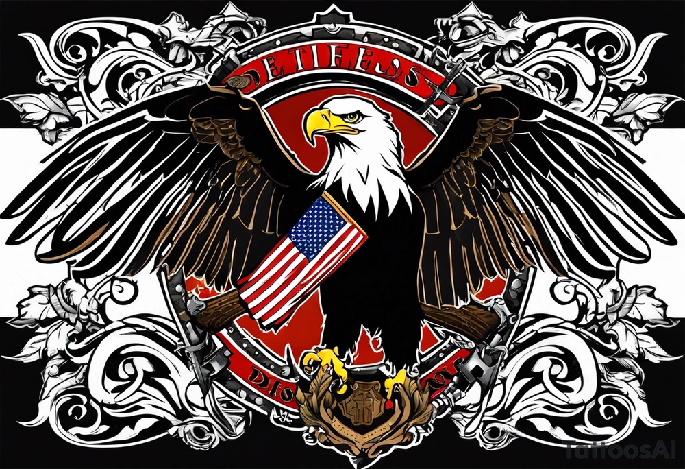 tattoo featuring an American eagle, 

add the words "Death Before Dishonor" on a scroll or something, add a sword or knife 

bottom left is closest, background filling not needed. 

use the Eagle style face of the bottom right

left hand side drawings are great, add a in the Eagles talons, remove background

this is looking really good, but black and white tattoo idea