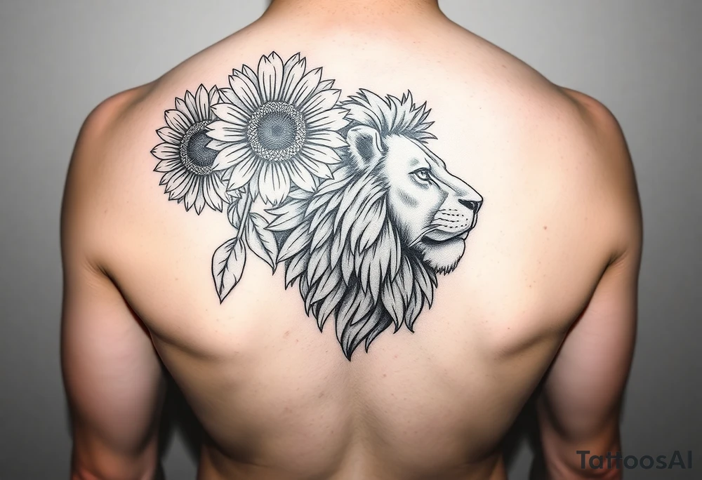 sunflower or multiple sunflowers and lion head profile tattoo idea