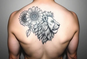 sunflower or multiple sunflowers and lion head profile tattoo idea