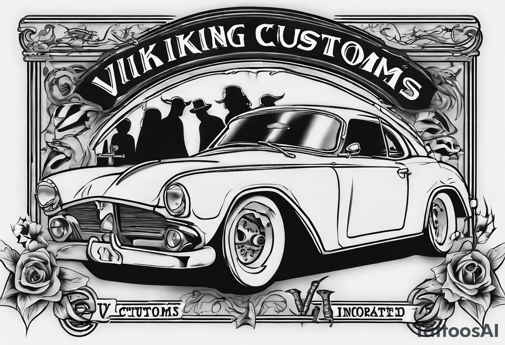 I want a tattoo of an old vintage classic car shop and a skeleton in the back with the name “Viking Customs” incorporated in the design tattoo idea