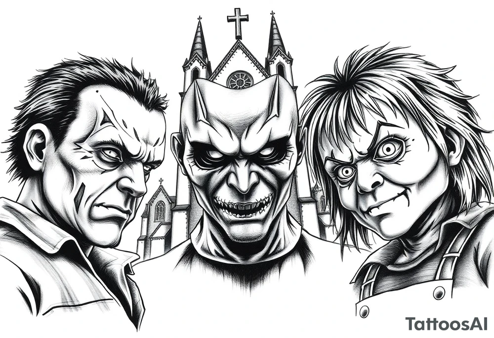 Jason Freddy and chucky looking sinister. An old gothic church is in the back ground. tattoo idea