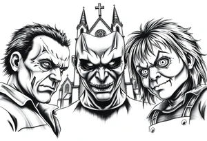 Jason Freddy and chucky looking sinister. An old gothic church is in the back ground. tattoo idea