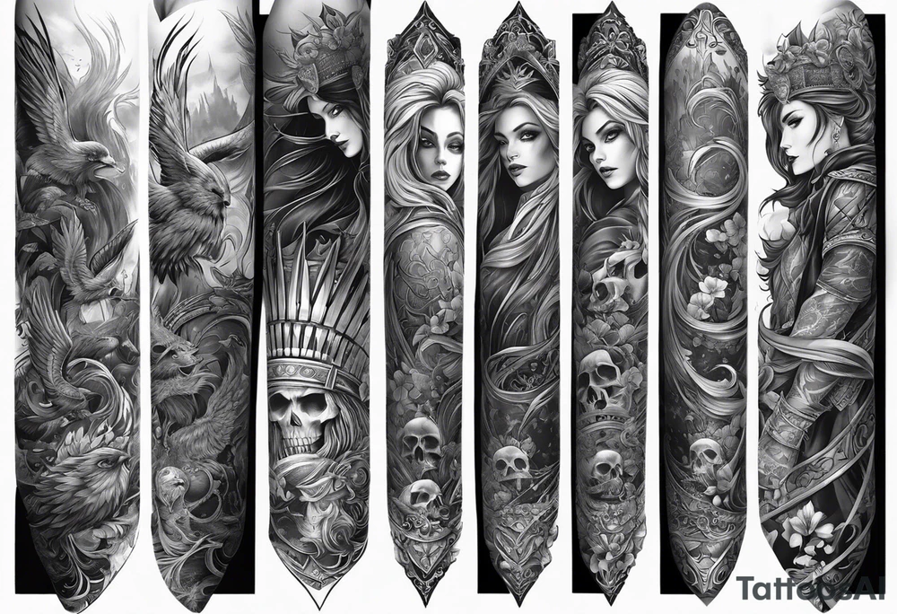 full arm sleeve very dark wicked the musical theme tattoo idea