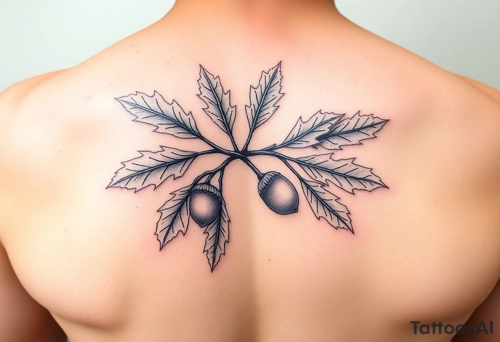oak branch with thick leaves and acorns tattoo idea