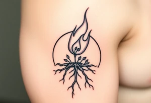 flame in a roots circle, with little sprouts on the circle tattoo idea