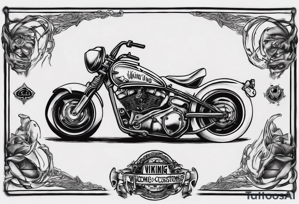 I want a tattoo of an old classic motorcycle with a skeleton riding it into the distance with the name “Viking Customs” incorporated in the design tattoo idea