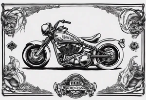 I want a tattoo of an old classic motorcycle with a skeleton riding it into the distance with the name “Viking Customs” incorporated in the design tattoo idea