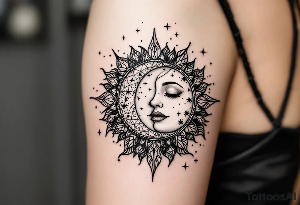 celestial sun and moon embrace with constellation patterns tattoo idea