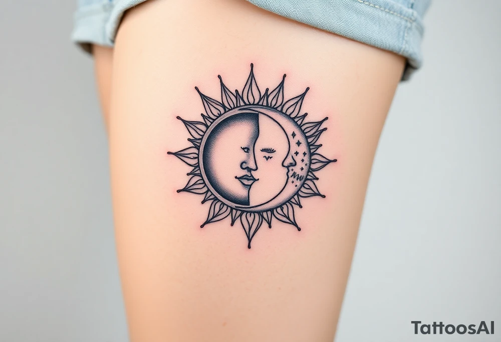 celestial sun and moon embrace with constellation patterns tattoo idea