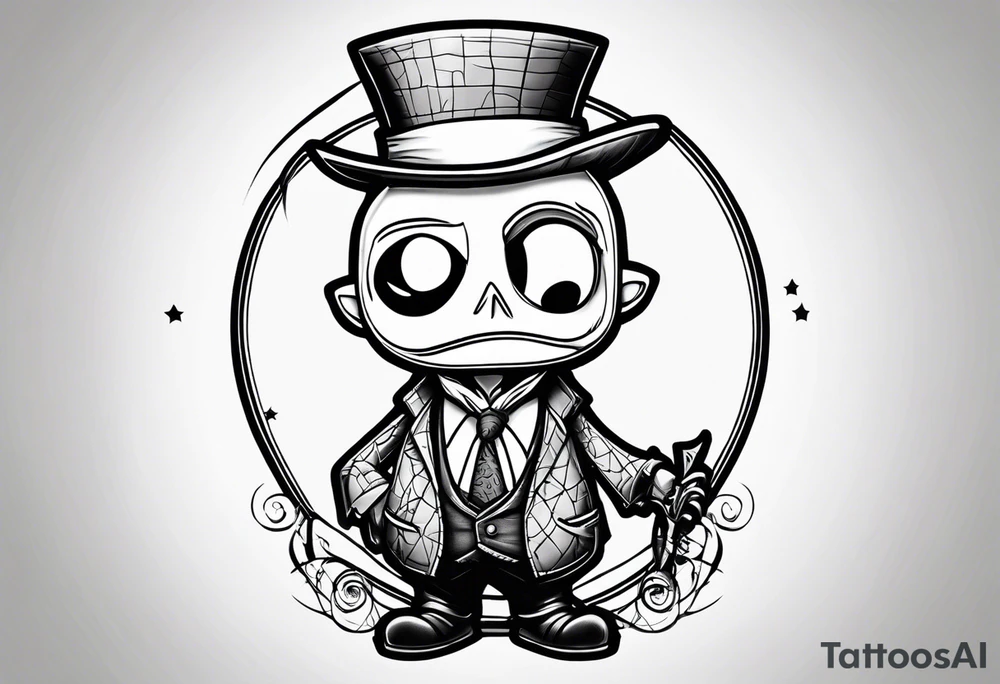 Black and white, character Dr. Finklestein from nightmare before Christmas chibi cartoon tattoo idea