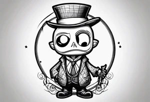 Black and white, character Dr. Finklestein from nightmare before Christmas chibi cartoon tattoo idea